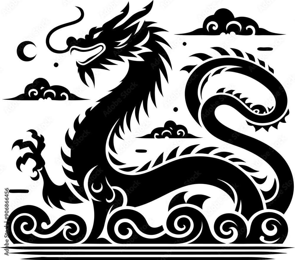 Fototapeta premium Solid Black Chinese Dragon Icon on White Background for Design and Artwork