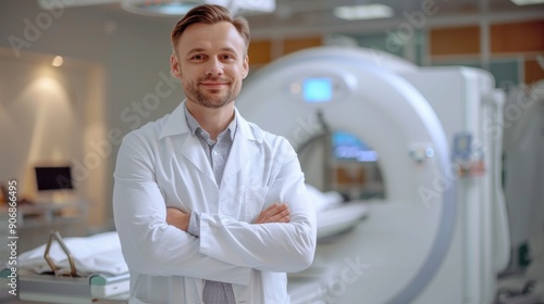 smiling Caucasian male doctor 30 years old in white coat against background of CT and MRI machine in clinic, hardware clinical examination of brain in clinic