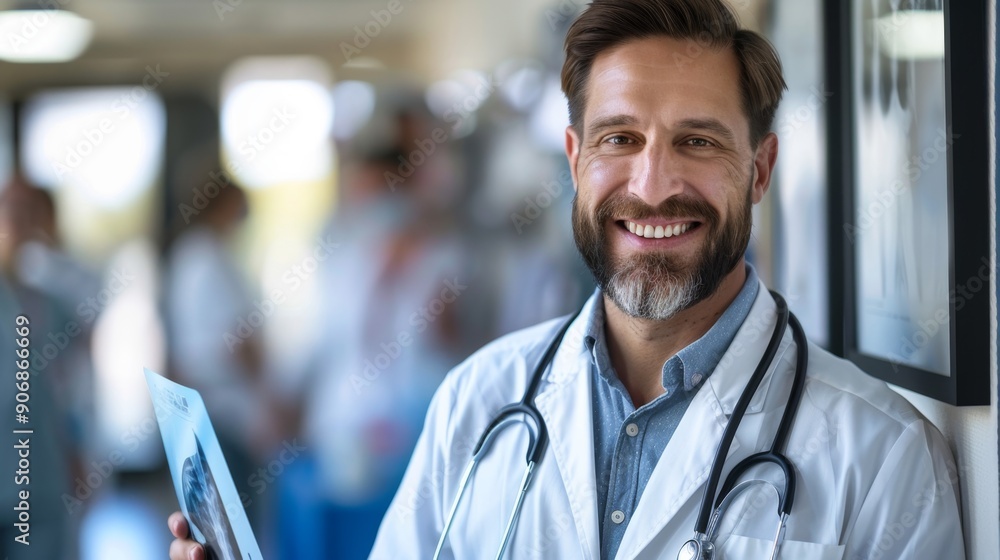 Portrait of smiling Caucasian doctor 30-40 years old with beard in medical gown with stethoscope looking at camera in clinic, copyspace Portrait of smiling Caucasian doctor 30-40 years old with beard in medical gown with stethoscope looking at camera in clinic, copyspace