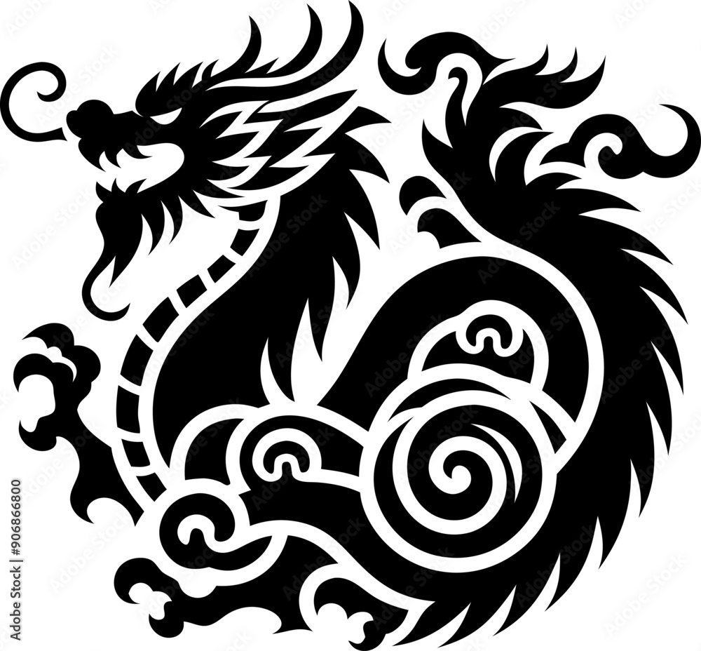 Fototapeta premium Solid Black Chinese Dragon Icon on White Background for Design and Artwork