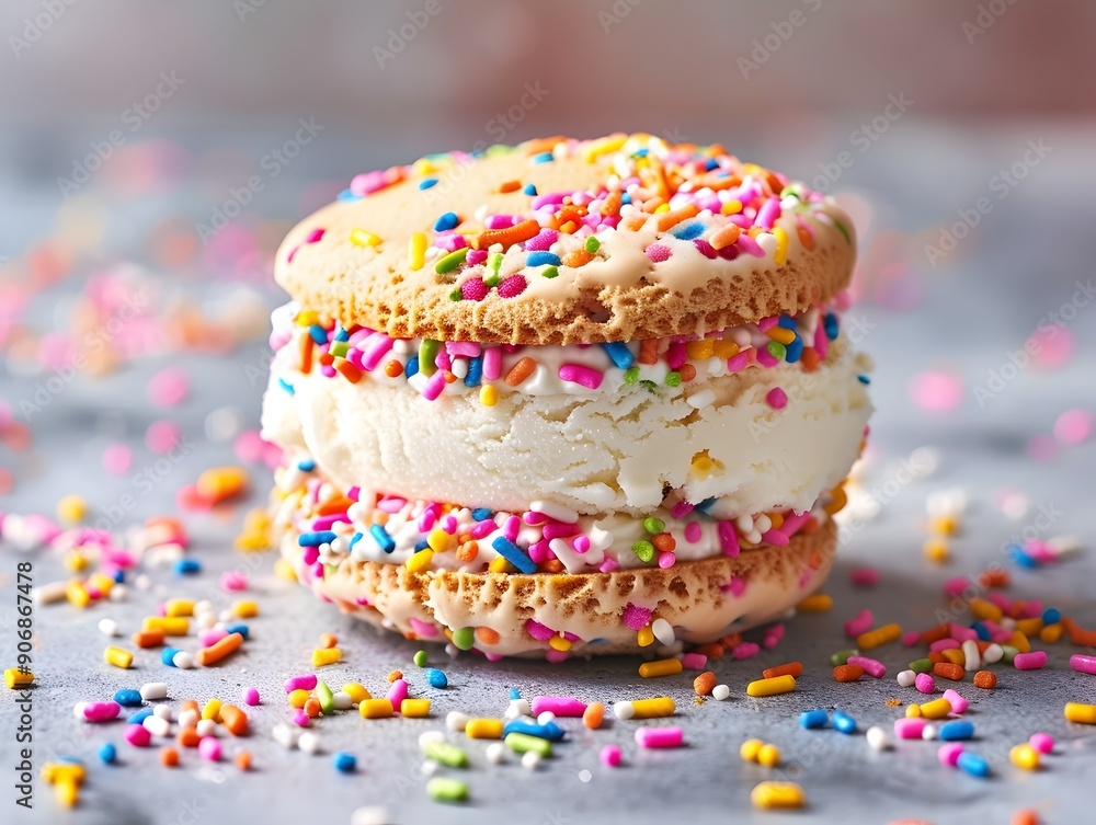 Colorful Sprinkled Ice Cream Sandwich in a Child Friendly Setting with Copy Space Colorful Sprinkled Ice Cream Sandwich in a Child Friendly Setting with Copy Space