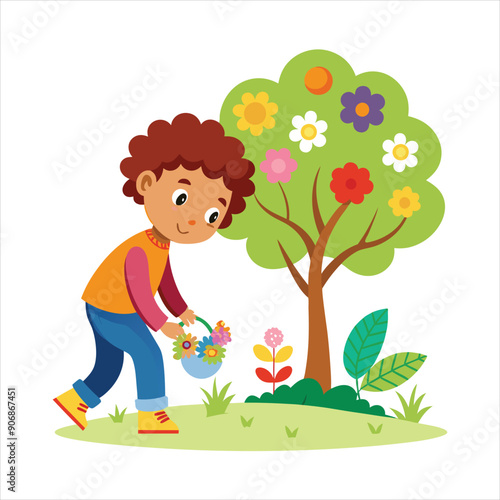 A tree with a child picking flowers nearby illustration vector