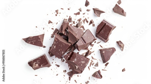 Isolated pieces of a broken chocolate bar on a white background. Suitable for food blogs, confectionery packaging, and chocolate advertisements.