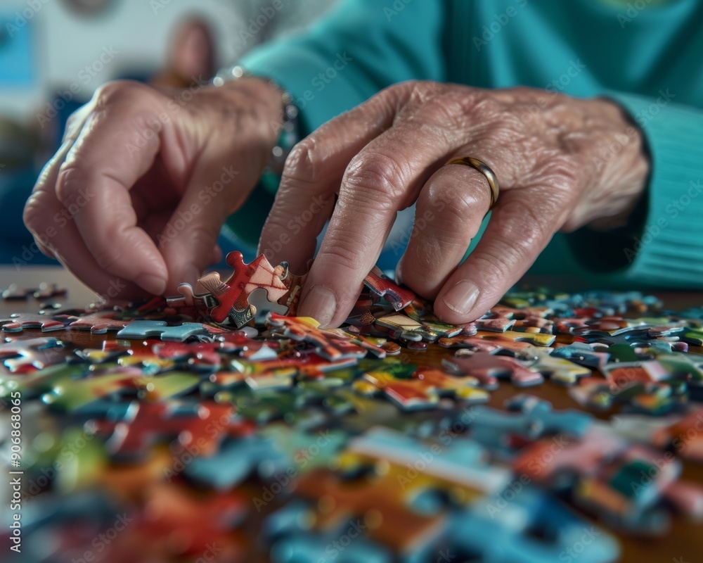 Elderly Mixed Ethnicity Man with Dementia and Granddaughter Solving Puzzle in Sunlit Cozy Room for Memory Stimulation and Joy Elderly Mixed Ethnicity Man with Dementia and Granddaughter Solving Puzzle in Sunlit Cozy Room for Memory Stimulation and Joy