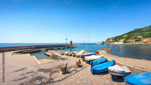 Boats on the seafront and the beach of Recco. Province of Genoa, Liguria, Italy