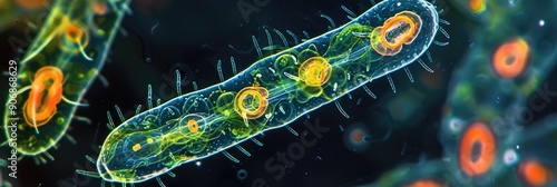 Paramecium bursaria with cilia and symbiotic algae in differential interference contrast DIC focus photo