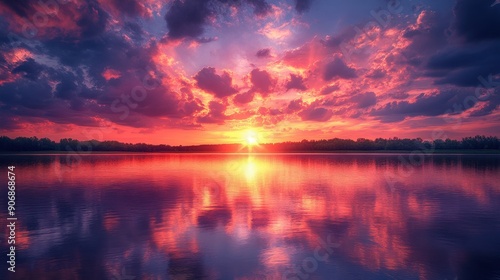 A picturesque sunset over a serene lake with vibrant colors and beautiful lighting