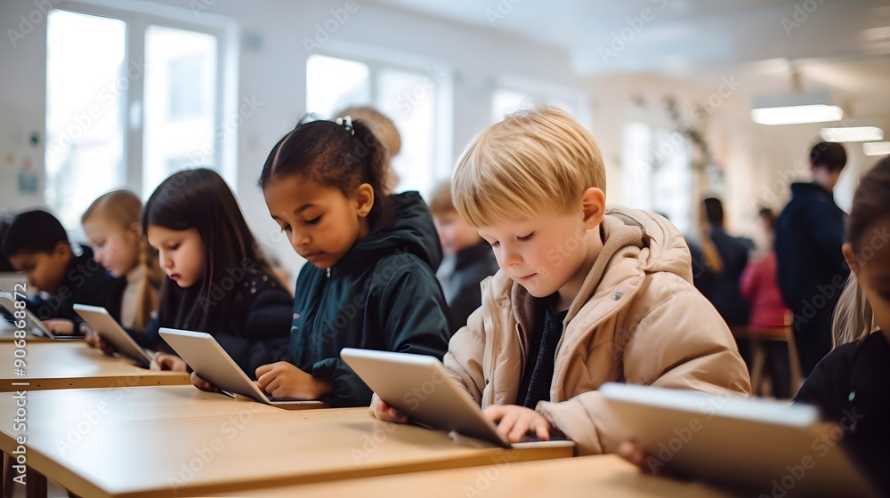 Young Students Using Tablets In A Classroom Young Students Using Tablets In A Classroom