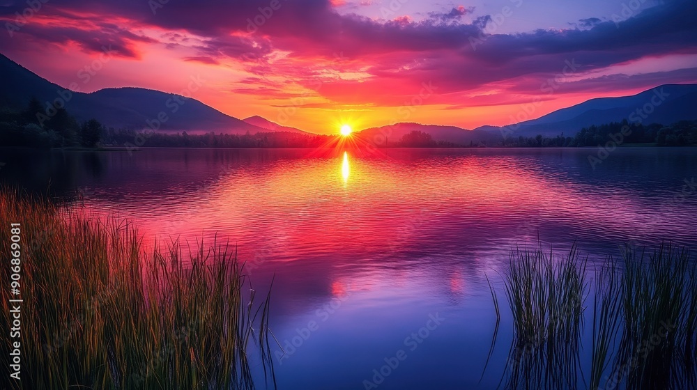 Fototapeta premium A picturesque sunset over a serene lake with vibrant colors and beautiful lighting