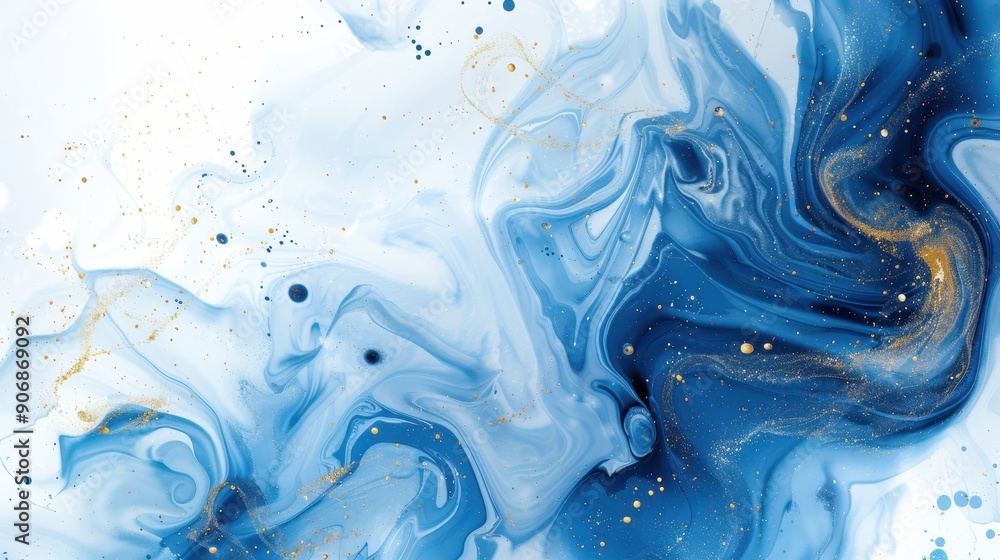 Obraz premium Abstract blue and white watercolor with gold accents resembling ocean waves. Perfect for backgrounds, invitations, and elegant designs. Isolated on white.