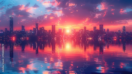 a city skyline with a sunset behind it