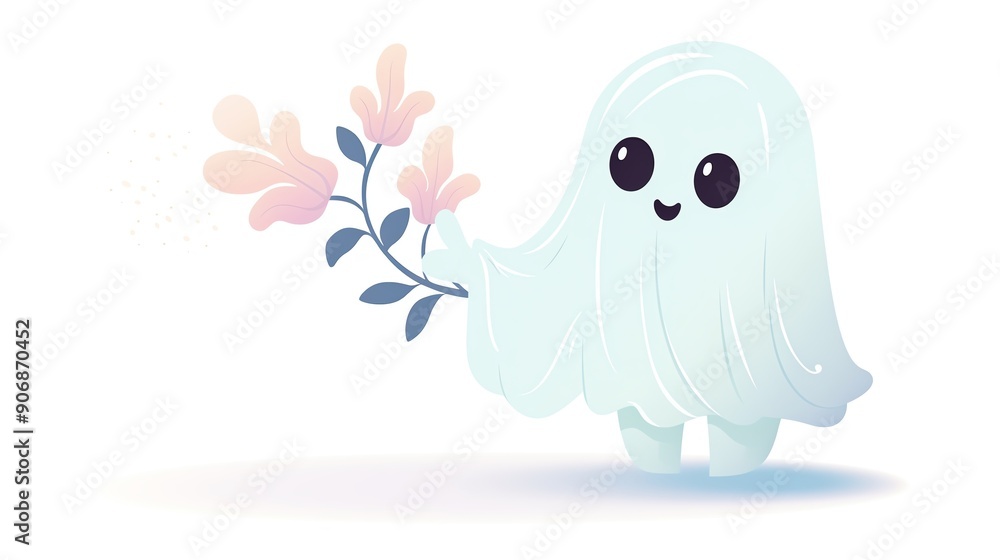 Cute cartoon ghost holding a flower branch, smiling cheerfully. Delightful illustration with soft pastel colors on a white background. Cute cartoon ghost holding a flower branch, smiling cheerfully. Delightful illustration with soft pastel colors on a white background.