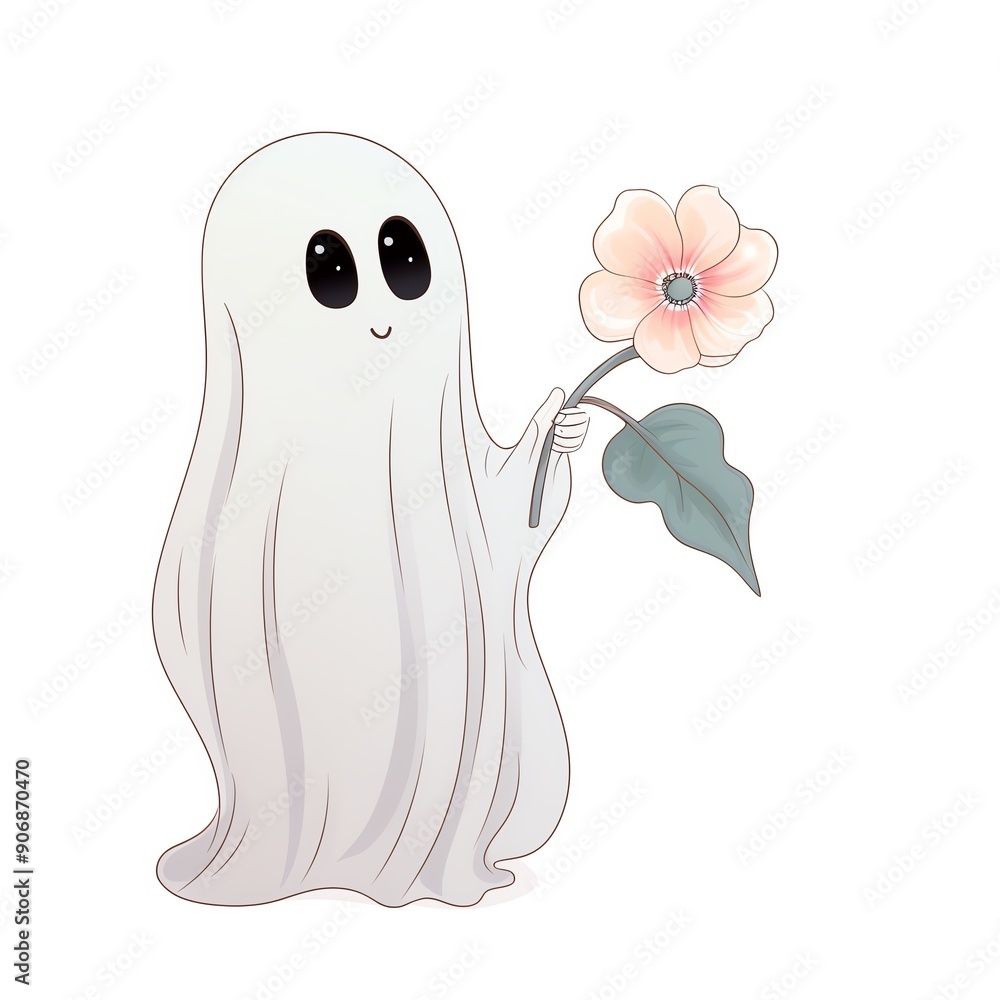 Cute cartoon ghost holding a flower, ideal for Halloween or whimsical graphics; Perfect for seasonal and fantasy-themed designs. Cute cartoon ghost holding a flower, ideal for Halloween or whimsical graphics; Perfect for seasonal and fantasy-themed designs.