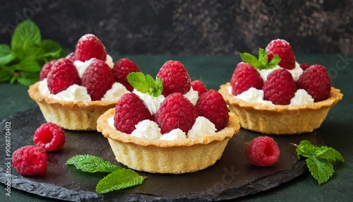 Delicious raspberry mini tarts (tartlets) with whipped cream on dark background