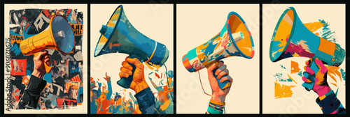 Hand holding loudspeaker in punk rebel art style. Revolt, rally or demonstration concept, abstract retro attention message poster with megaphone