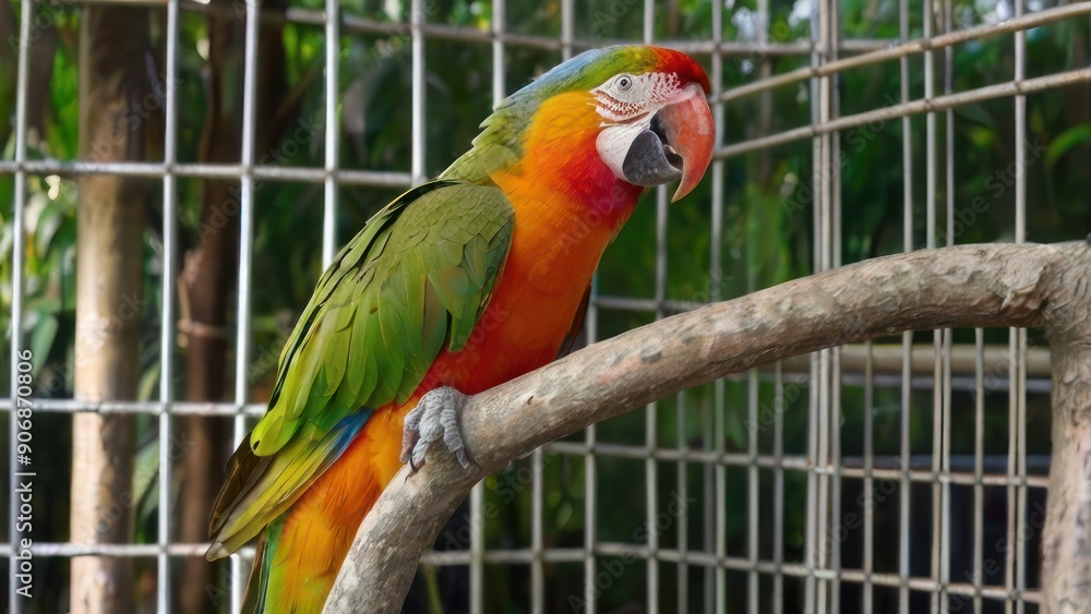 Obraz premium The beautiful Green parrot read a book in a cage