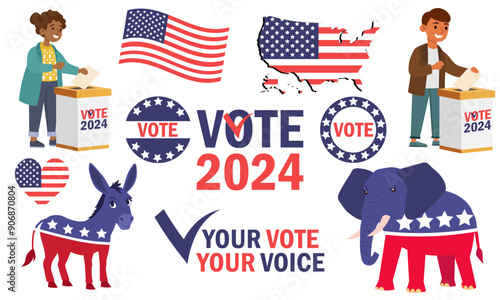 Set of elections, people vote, USA flag and map