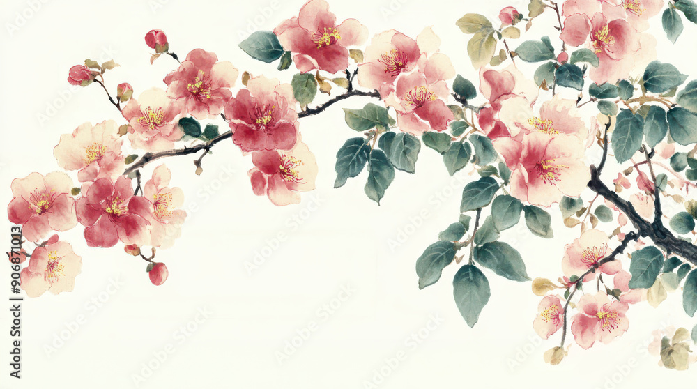 Naklejka premium Beautiful illustration of delicate pink flowers sakura blossoming tree branches, vibrant petals and lush green leaves. Perfect for spring-themed designs, nature art, and floral compositions.