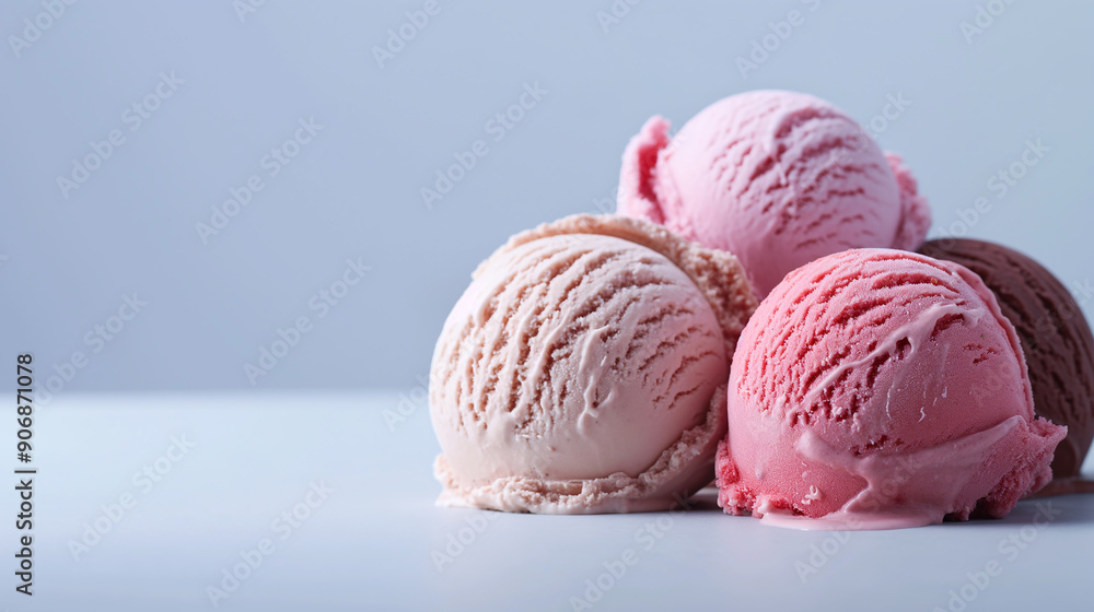 Four ice cream scoops of different flavors, including pink and chocolate Four ice cream scoops of different flavors, including pink and chocolate