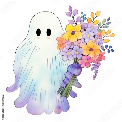 Cute ghost with colorful bouquet of flowers. Halloween-inspired illustration with soft, pastel colors. Whimsical and spooky charm.