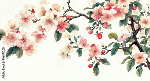 Wallpaper Mural Beautiful illustration of delicate pink flowers sakura blossoming  tree branches,  vibrant petals and lush green leaves. Perfect for spring-themed designs, nature art, and floral compositions. Torontodigital.ca
