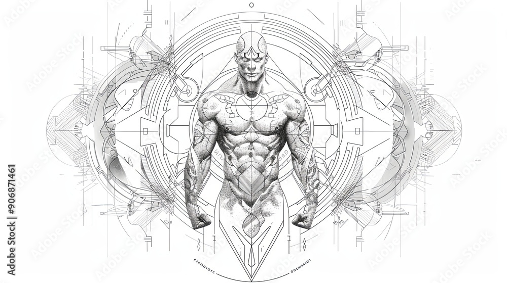 Obraz premium tattoo art line, illustrated in illustrator, perfect generation without design errors, pure white and clean background, A geometric and realistic style tattoo, featuring a combination of mythological.