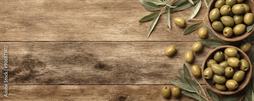 Flat lay two wooden bowls filled green olives Bowls filled with