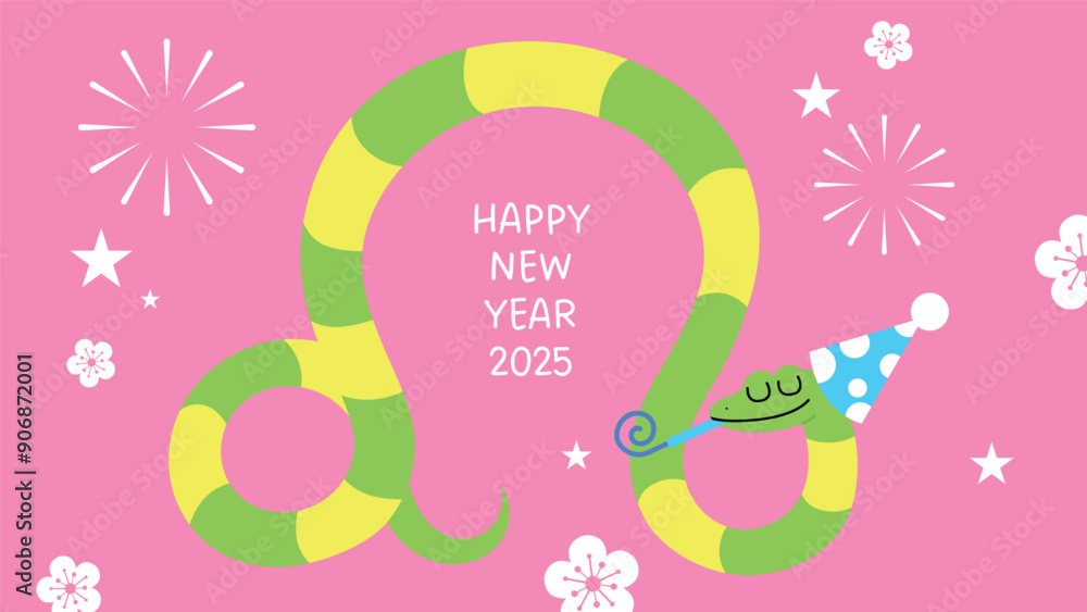 New year of the snake 2025 funny celebration card. Cartoon snake with plum blossoms pattern. Chinese new year or lunar new year 2025 party. New year of the snake 2025 funny celebration card. Cartoon snake with plum blossoms pattern. Chinese new year or lunar new year 2025 party.