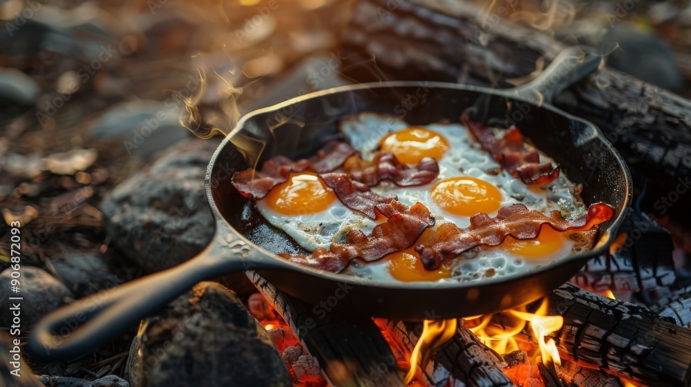 Sizzling bacon and eggs cook in a cast-iron skillet above a crackling campfire amid stones and logs as dusk settles. Sizzling bacon and eggs cook in a cast-iron skillet above a crackling campfire amid stones and logs as dusk settles.