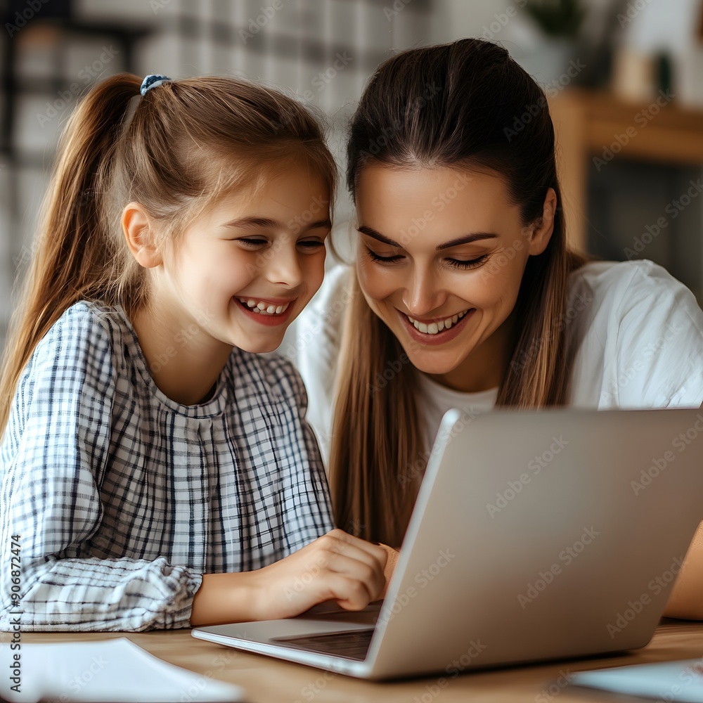 Young cheerful happy mother with her teen school girl daughter studying online class on laptop at home during remote lesson. Woman parent helping child with homework. Distance education. Young cheerful happy mother with her teen school girl daughter studying online class on laptop at home during remote lesson. Woman parent helping child with homework. Distance education.