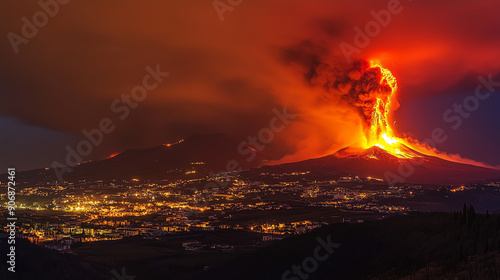 Obraz na płótnie Red lava from volcano eruption at night