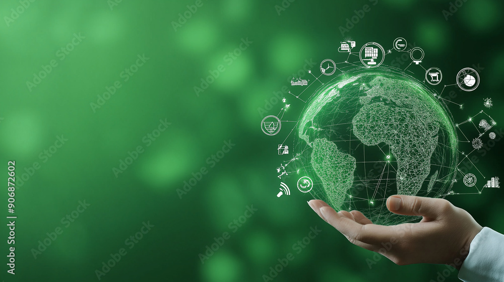 Green earth with ESG icons, representing the harmony between economic development and environmental care Green earth with ESG icons, representing the harmony between economic development and environmental care