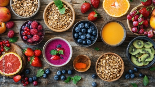 A Colorful Feast: Fresh Fruit, Granola, and Smoothie on Rustic Wood