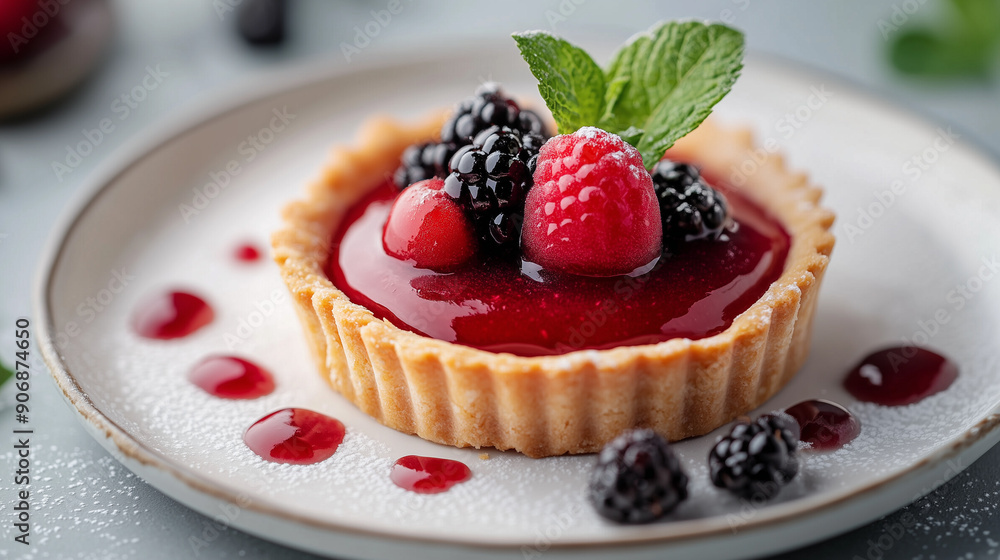 Fruit tartlet with sorbet, bright and appetizing summer dessert on a white plate.
Fruit tartlet with sorbet, bright and appetizing summer dessert on a white plate.