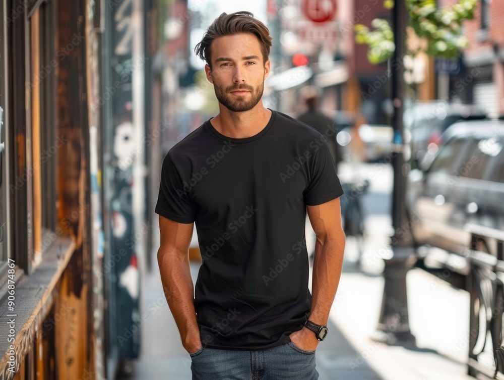 Male model in black t-shirt standing on city sidewalk, bright daylight, casual look, shirt mockup template, urban setting, Male model in black t-shirt standing on city sidewalk, bright daylight, casual look, shirt mockup template, urban setting,