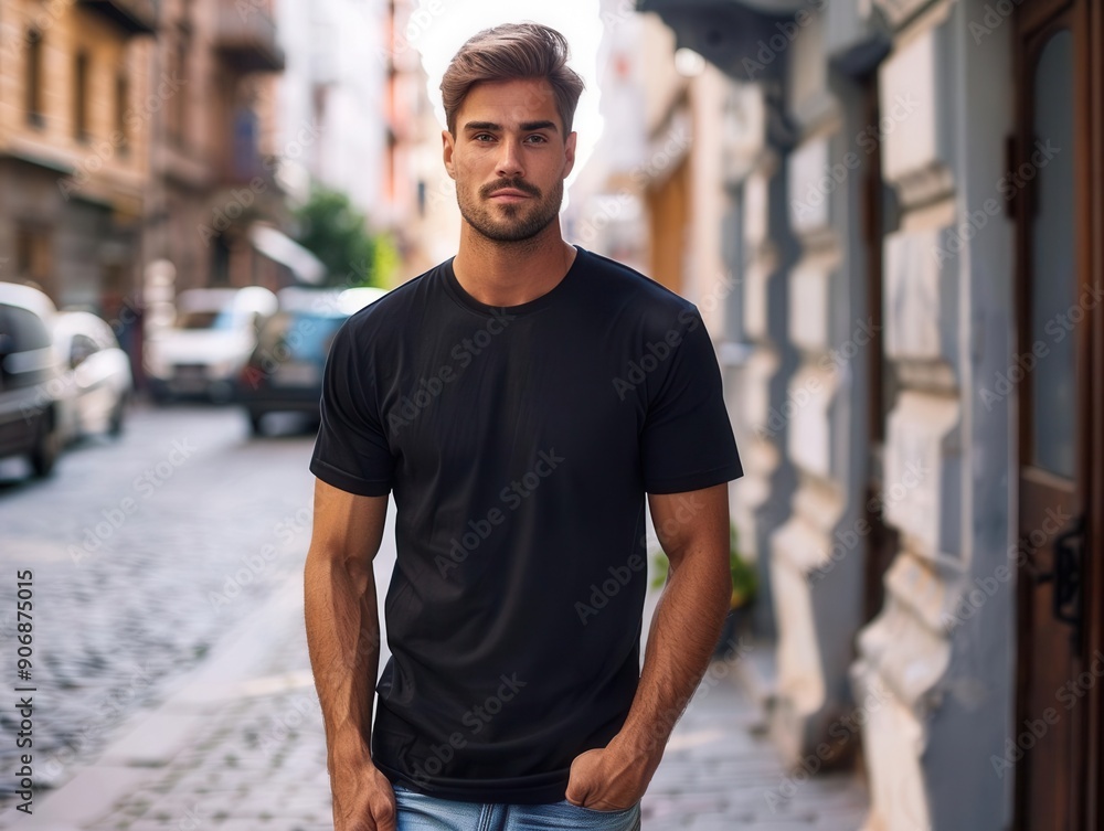 Male model in black t-shirt standing on city sidewalk, bright daylight, casual look, shirt mockup template, urban setting,