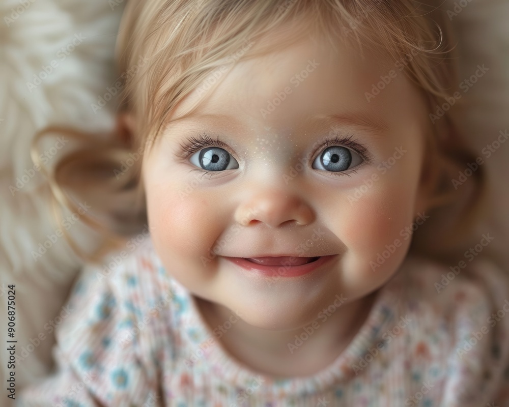 Closeup of an adorable baby girl with big, bright eyes and a cute smile, wearing a pastelcolored outfit, soft focus background Closeup of an adorable baby girl with big, bright eyes and a cute smile, wearing a pastelcolored outfit, soft focus background