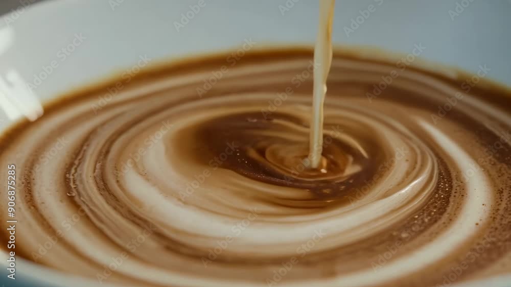 Mesmerizing and artistic close-up shot of milk creating a swirling ocean pattern in a cup of coffee, revealing the message 'GM' for 'Good Morning.' Perfect for coffee lovers, breakfast themes Mesmerizing and artistic close-up shot of milk creating a swirling ocean pattern in a cup of coffee, revealing the message 'GM' for 'Good Morning.' Perfect for coffee lovers, breakfast themes
