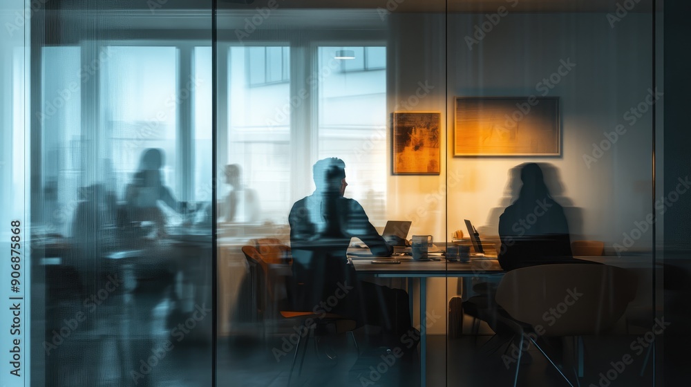 A group of people are sitting at a table in a conference room A group of people are sitting at a table in a conference room