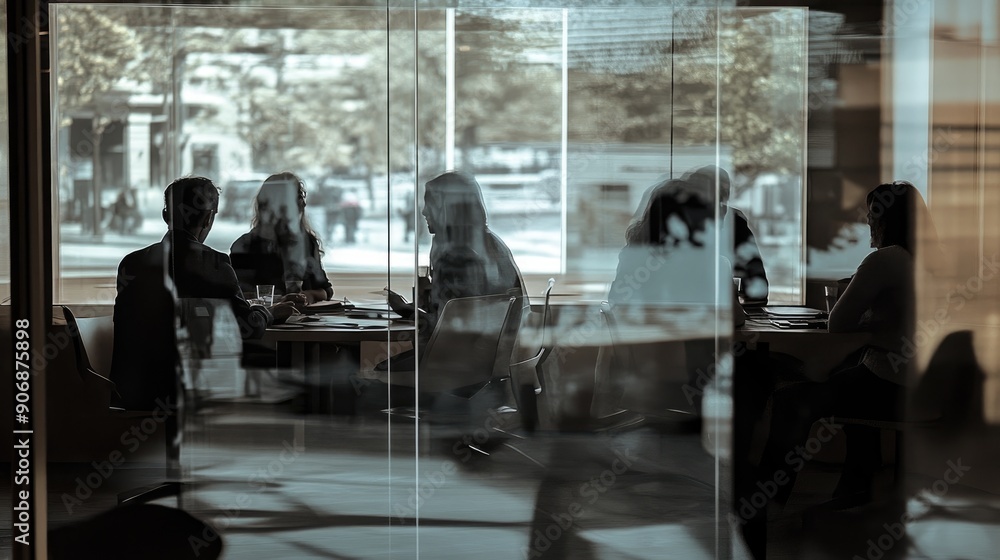 A group of people are sitting at a table in a glass room A group of people are sitting at a table in a glass room