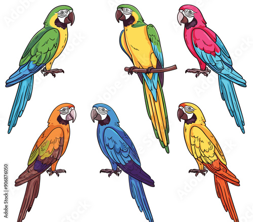 Five colorful parrots illustrated vibrant hues perched individually. Various species parrots blue, red, yellow, green plumage depicted. Detailed feathers, beaks, claws visible cartoon style