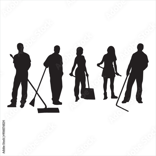 Vector silhouette of a cleaning people on a transparent silhouette white background
