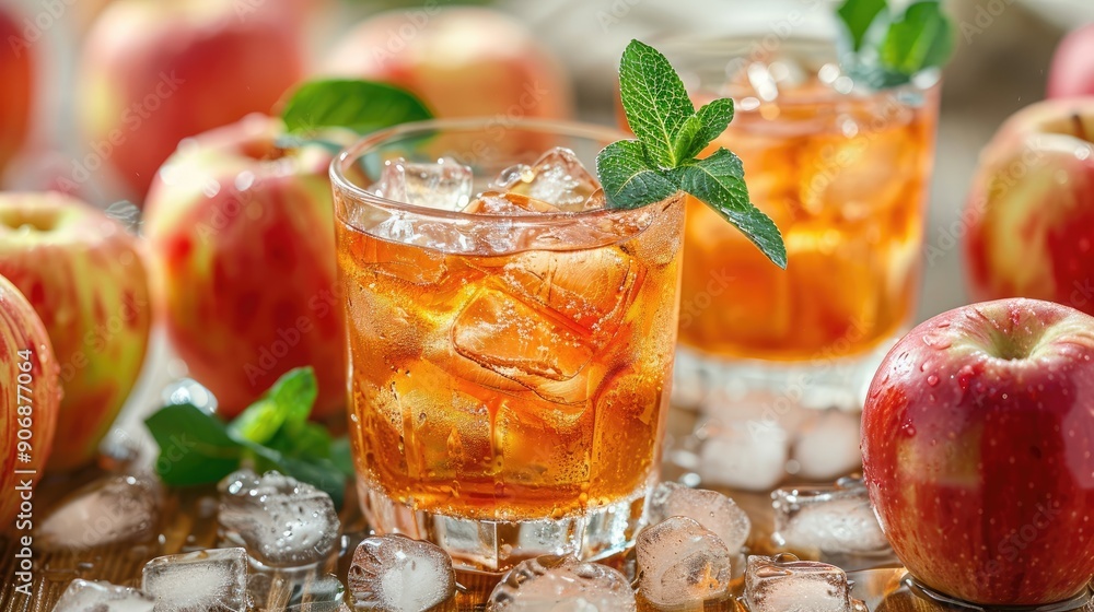 Apple cider with ice cubes and mint, isolated over white Apple cider with ice cubes and mint, isolated over white
