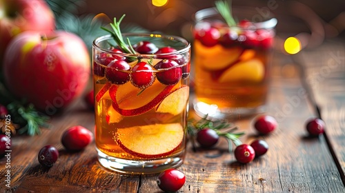 Apple cider with cranberries and rosemary, winter drink, selective focus photo