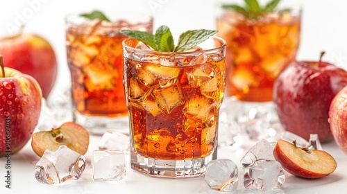 Apple cider with ice cubes and mint, isolated over white photo