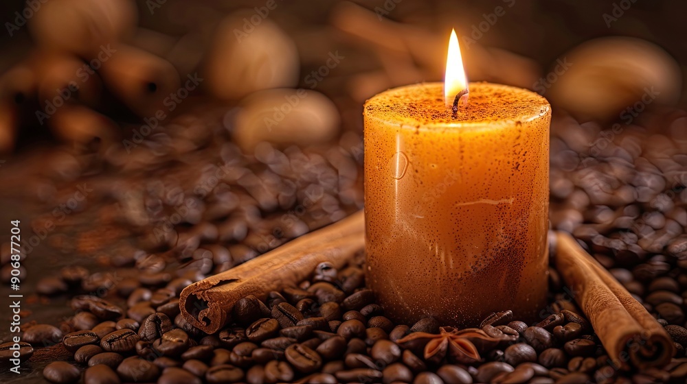 Cinnamon sticks and a lit candle surrounded by coffee seeds Cinnamon sticks and a lit candle surrounded by coffee seeds