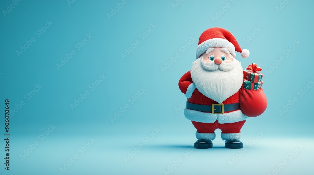 Jolly 3D Santa Character with Presents on Festive Background - Playful and Whimsical Holiday Scene for Text Overlay Jolly 3D Santa Character with Presents on Festive Background - Playful and Whimsical Holiday Scene for Text Overlay