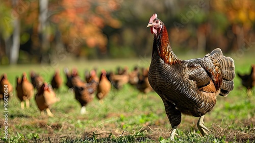 Turkeys and chickens; a herd of chicken walks the yard