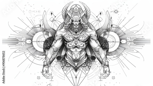 Wallpaper Mural Tattoo art line, illustrated in Illustrator, perfect generation without design errors, pure white and clean background. A geometric and realistic style tattoo, featuring a combination of mythological. Torontodigital.ca