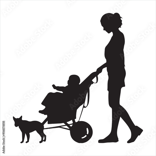 black silhouette of a woman pushing a baby stroller from different perspectives isolated on white background
